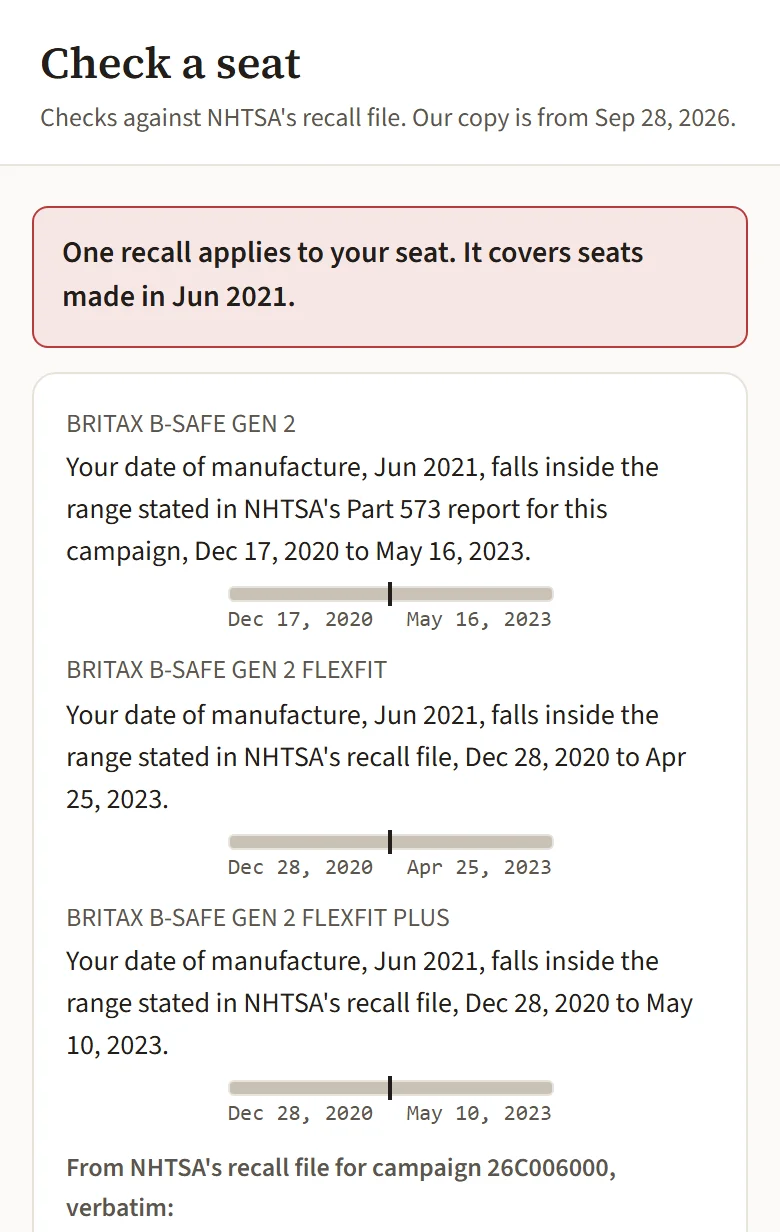 Holophote's recall check showing a Britax B-Safe Gen 2 made in June 2021 matched to NHTSA recall 26C006000.